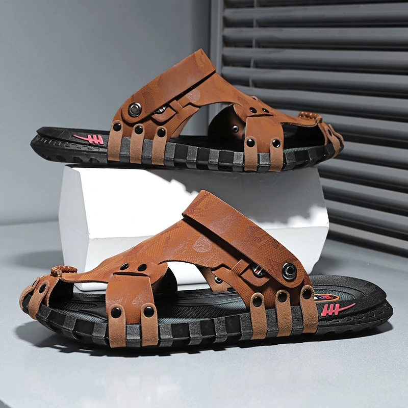 Hot Sale Men's Summer Sandals Leather Handmade Slippers Men Hand-made Beach Casual Shoes Driving Flat Shoes big size 39-46