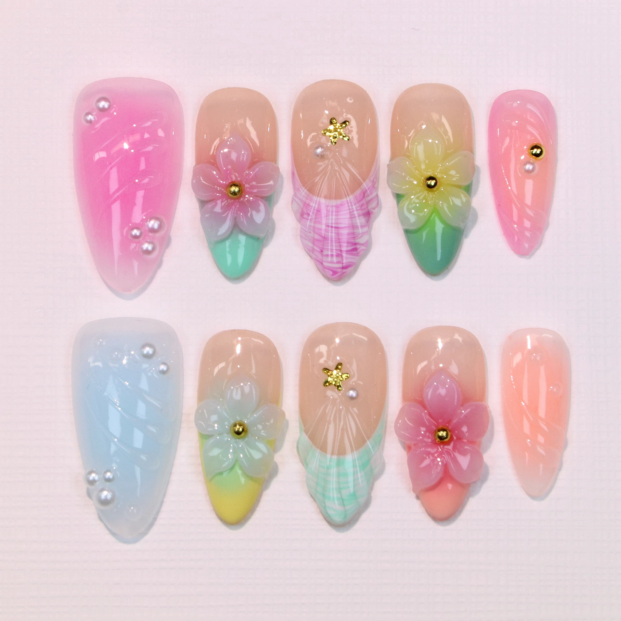 10Pcs Y2K Handmade 3D Acrylic Press on Nails Free-Style Custom Design Beautiful Flowers Almond Shape for Holiday
