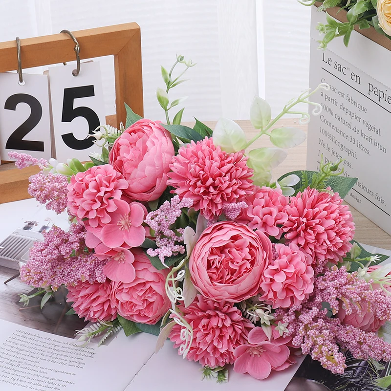 Artificial Flower Decoration White Peony Hydrangea Silk Fake Flower Wedding Party Home Outdoor Desktop DIY Arrangement Christmas