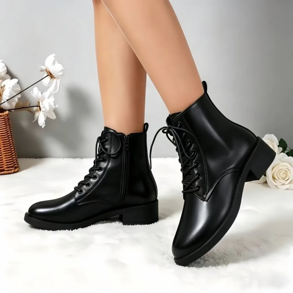 Damen Mode-Stiefeletten mit Rundem Zeh, Niedrigem Absatz, Rutschfest, Bequem, Ganzjährig Tragbare Damenschuhe, Glatte PU-Kampfstiefel – Detail 2