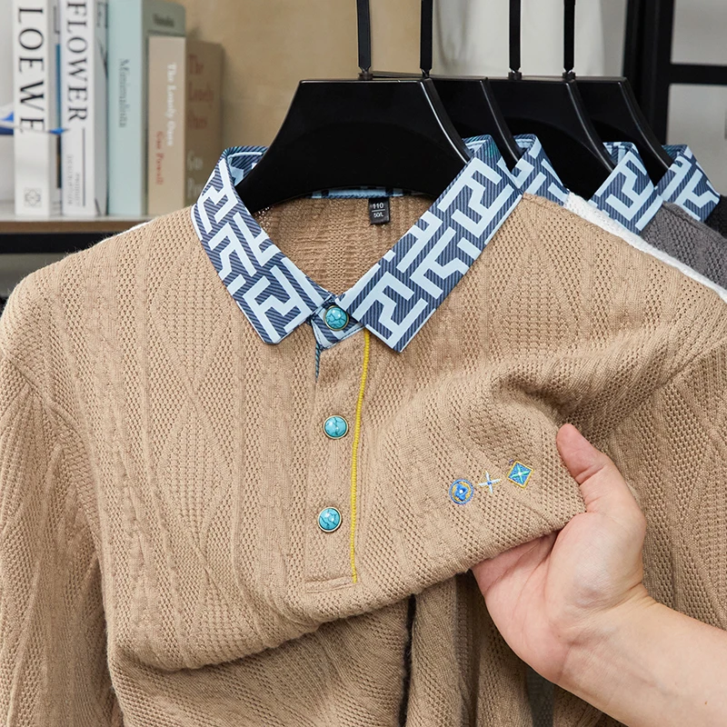

Men's Original Jacquard Polo Shirt Autumn Hollow Out Color Embroidery Knit Long Sleeved Lapel T-shirt Trendy Business Menswear