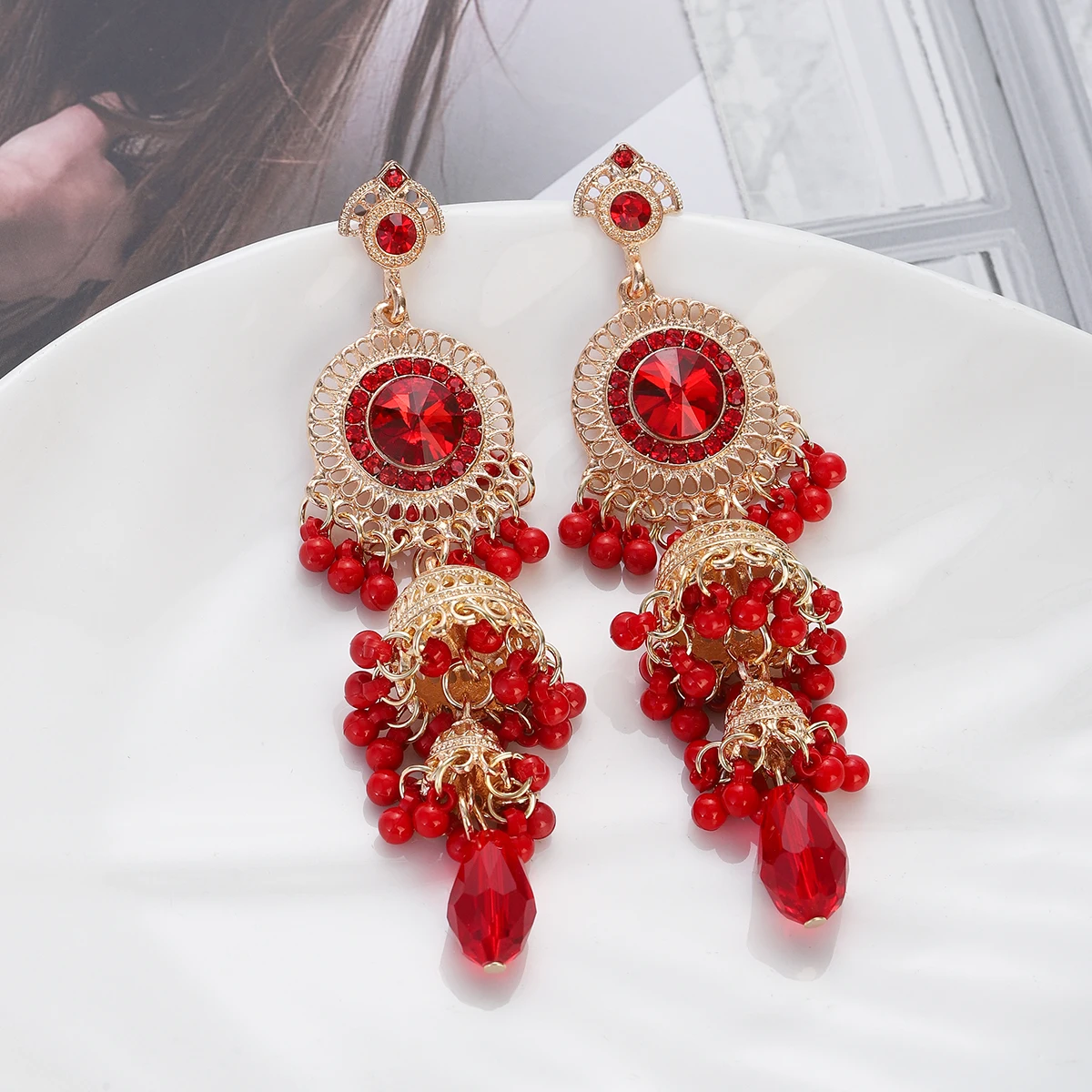 Vintage New Pink Crystal Round Drop Earrings for Women Luxury Gold Plated Multilayer Bell Tassel Earrings Jewelry Brincos 2024