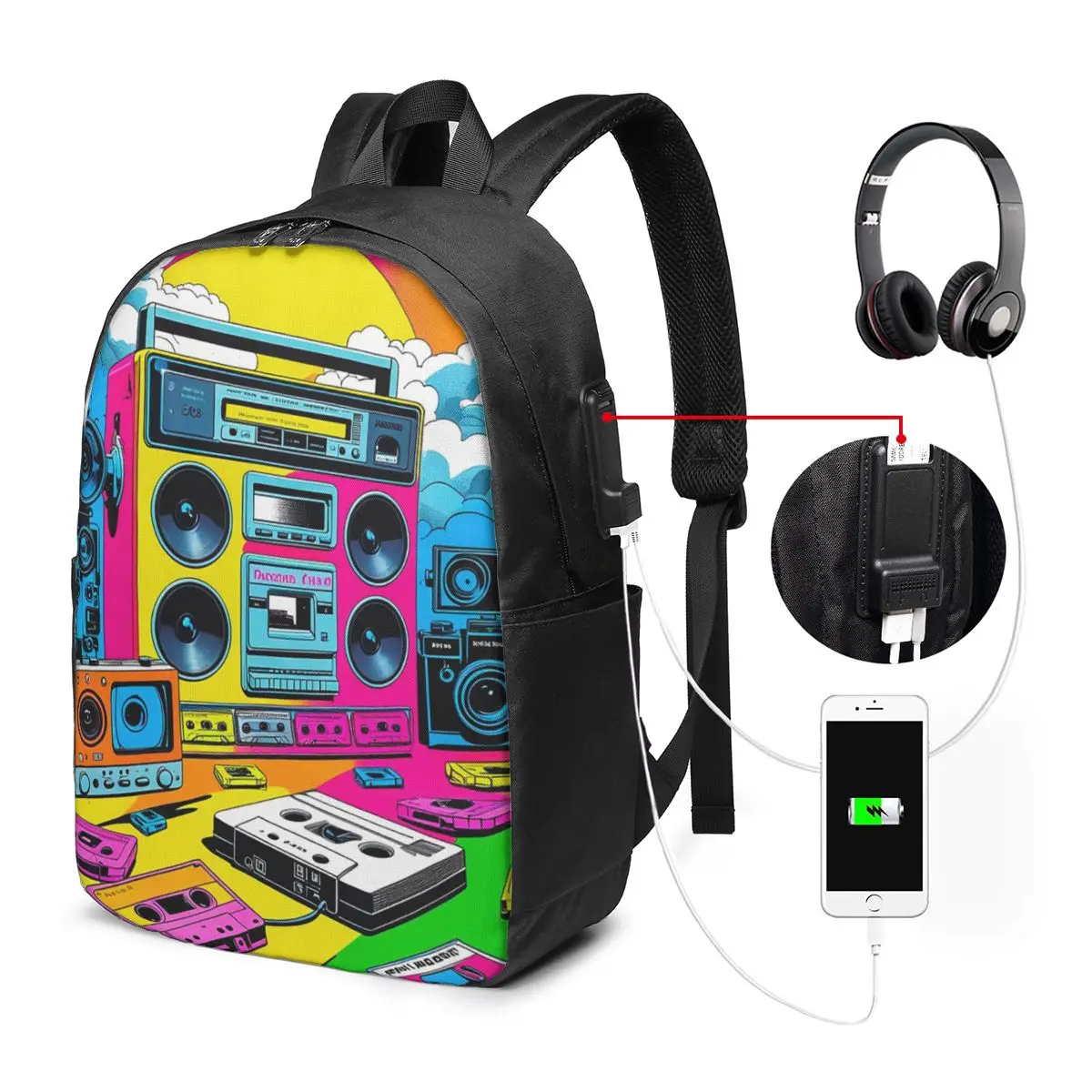 Retro Boombox For Music Recording Backpack Travel Notebook Bag Computer College Student School Bag Laptop Shoulder Bags