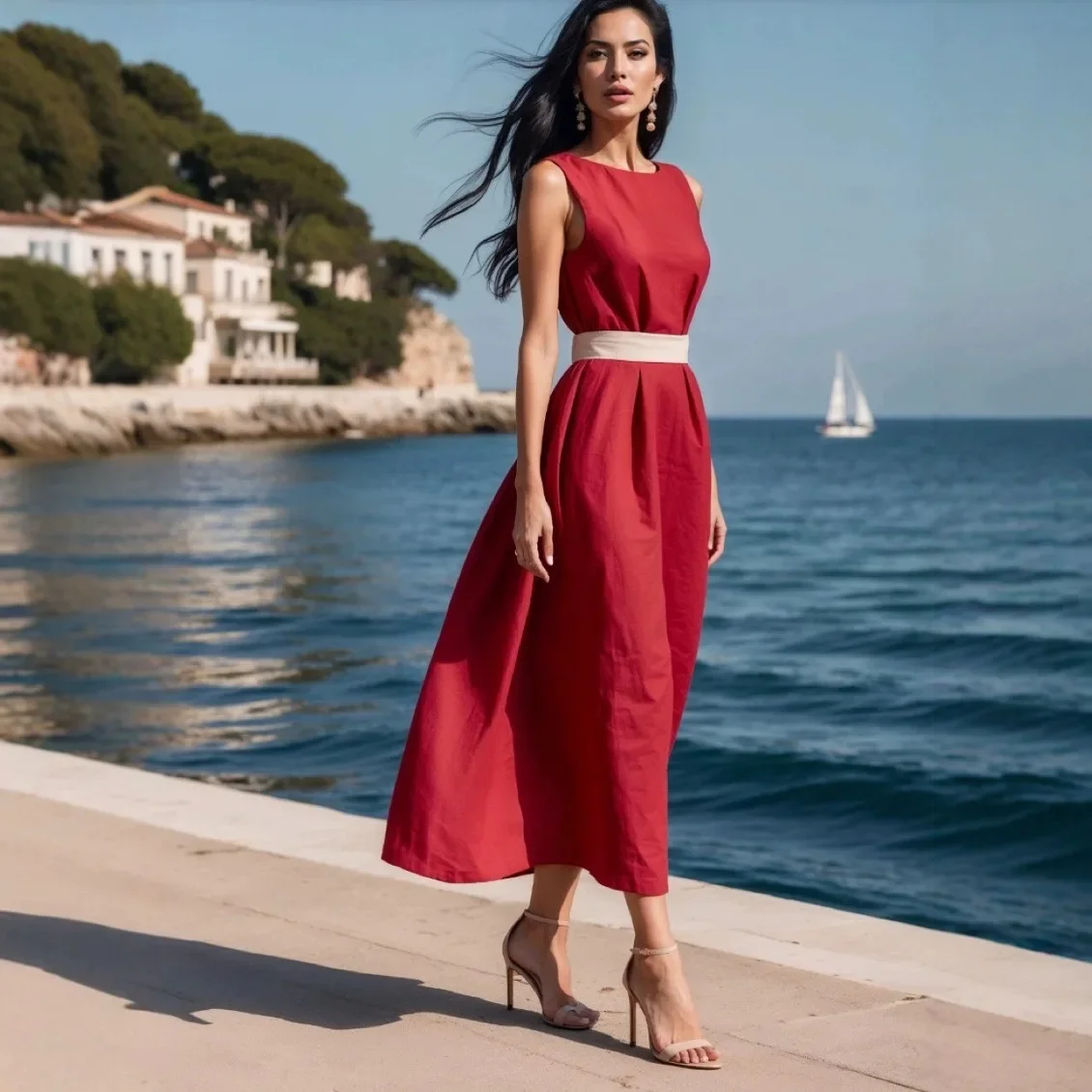 2025 Summer Fashion Solid Color Waist Strap Up Women Dress Simple Round Neck Females Vacation Banquet Long Dresses