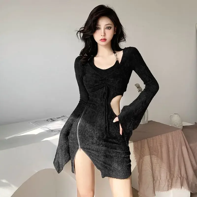 Women\'s Long Sleeve Dresses Black Hollow Female Dress Sensual Sexy X New In Trendy Elastic Casual Youth Designer A Line Thic Hot