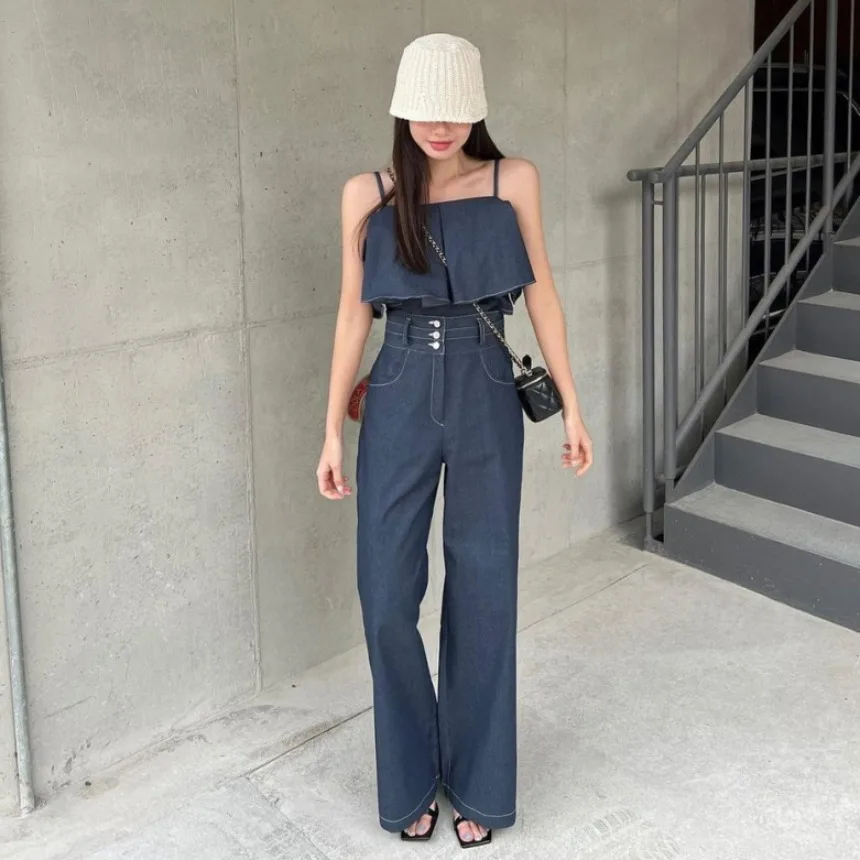 

Summer High Waist Wide Leg Pants Two-Way Wear Strap Top Korean Style Women's Fashionable Versatile Clothing Set for Various O...