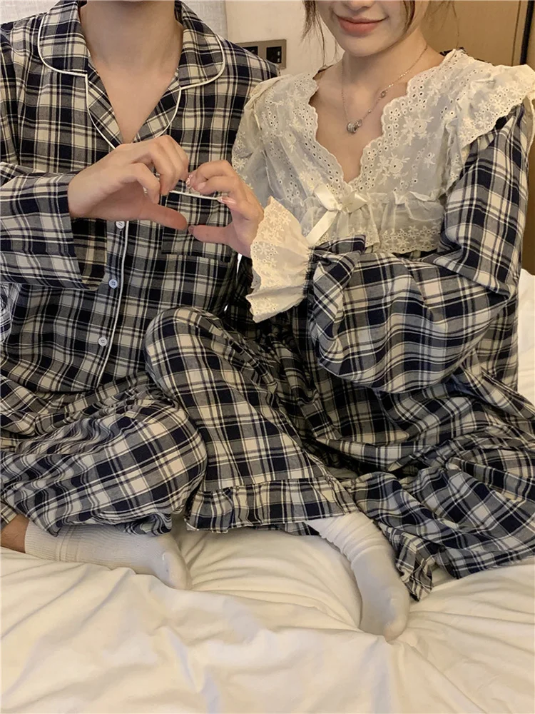 New Home Lovers Cotton Plaid Lace Cute Simple Long Sleeve Pajama Set Women Loose Princess Couple Sweet Elegant Warm Sleepwear