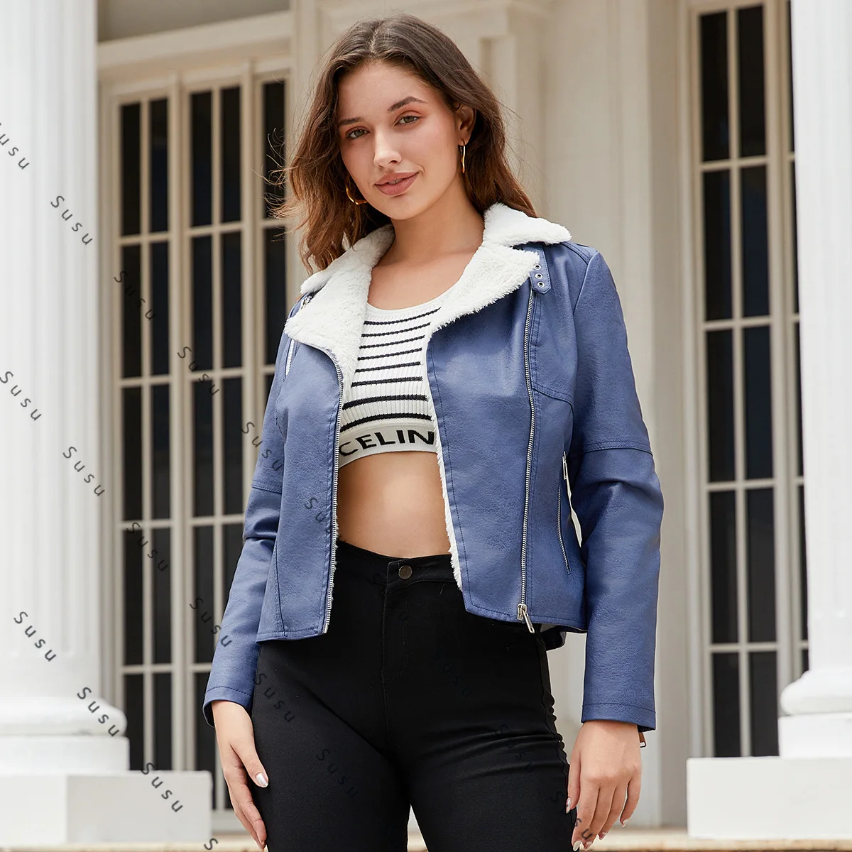 

2025 new European and American autumn and winter fur integrated leather jacket women's velvet long-sleeved thermal jacket casual