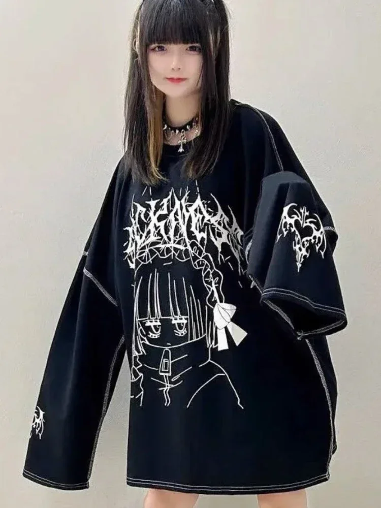Harajuku Kawaii T-Shirt Women Sweet Japanese Gothic Subculture Loose Letter School Student Tees Long Sleeve Top Spring Outwear
