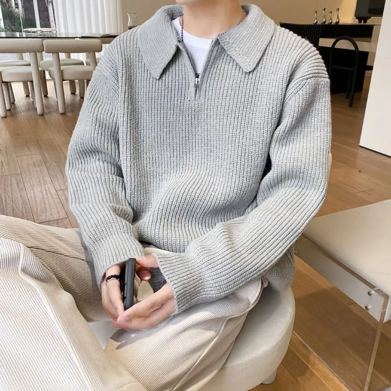 Men Half Zip Polo Collar Knit Sweater Long Sleeve Ribbed Loose Fit Casual Pullover Jumper