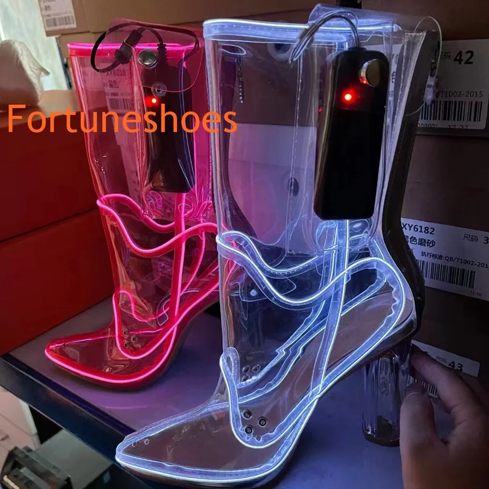 

Fluorescent Transparent Mid Calf Boots Back Zipper Chunky High Heel Solid Fashion Pumps Round Toe 2025 Newest Party Spring Boots