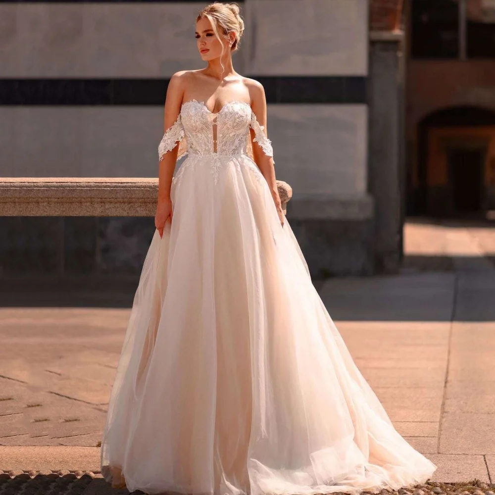 Customized Boho Tulle A Line Wedding Dresses Applique Sweetheart Bride Dress Off Shoulder Bridal Gowns Vestidos De Novia