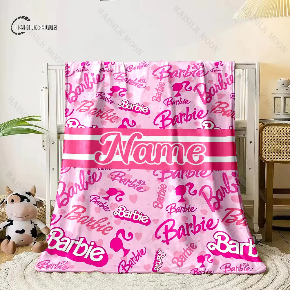 Custom Name Personalized Blanket Disney Barbie Logo Fluffy Soft Flannel Sofa Adult Blanket Office Lunch Break Blanket Kid Gift