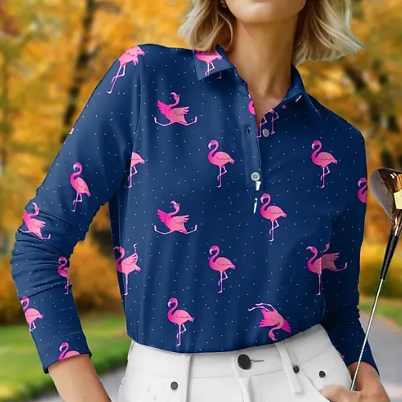 Funny flamingo printed golf ball autumn and winter longsleeved women's breathable quick-drying sweat-absorbent tennis golf shirt