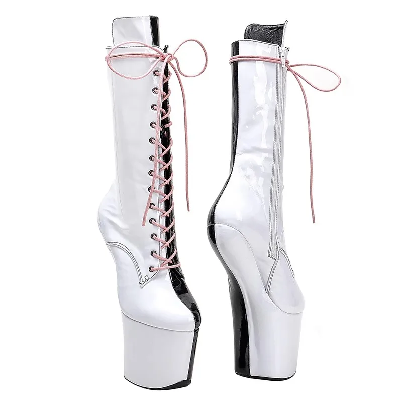 

LAIJIANJINXIA New Patent PU Upper Black with white color Platform Ankle Boots Sexy Exotic heelless pole dance shoes