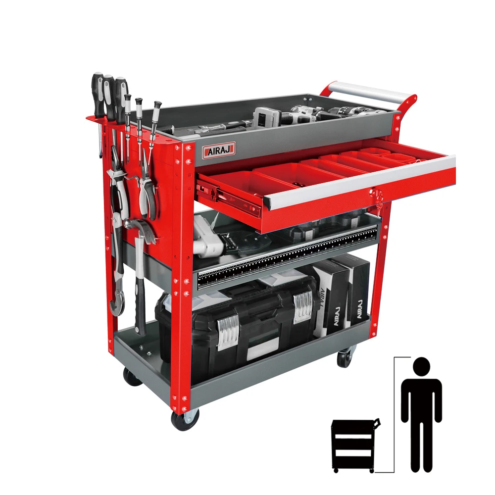 AIRAJ-Chariot à Outils Mécaniques Roulants à 3 Niveaux, Rangement à Roues avec Tiroirs et Compartiments Rouges, pour l'Entrepôt Domestique