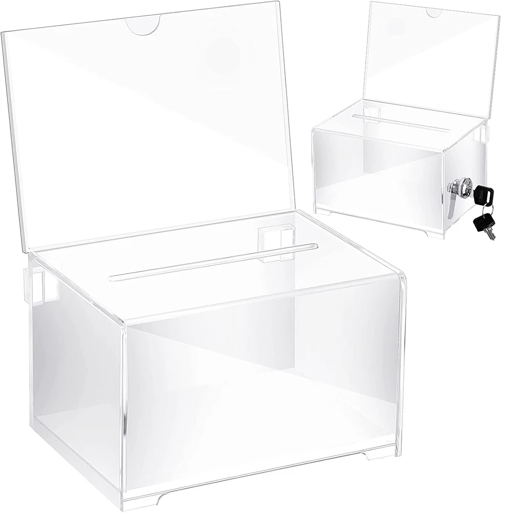 Caja de sugerencias acrílica, caja de donación, caja de rifa de cartón con ranura, contenedor de billetes de rifa con bloqueo, soporte de señal para recoger fondos