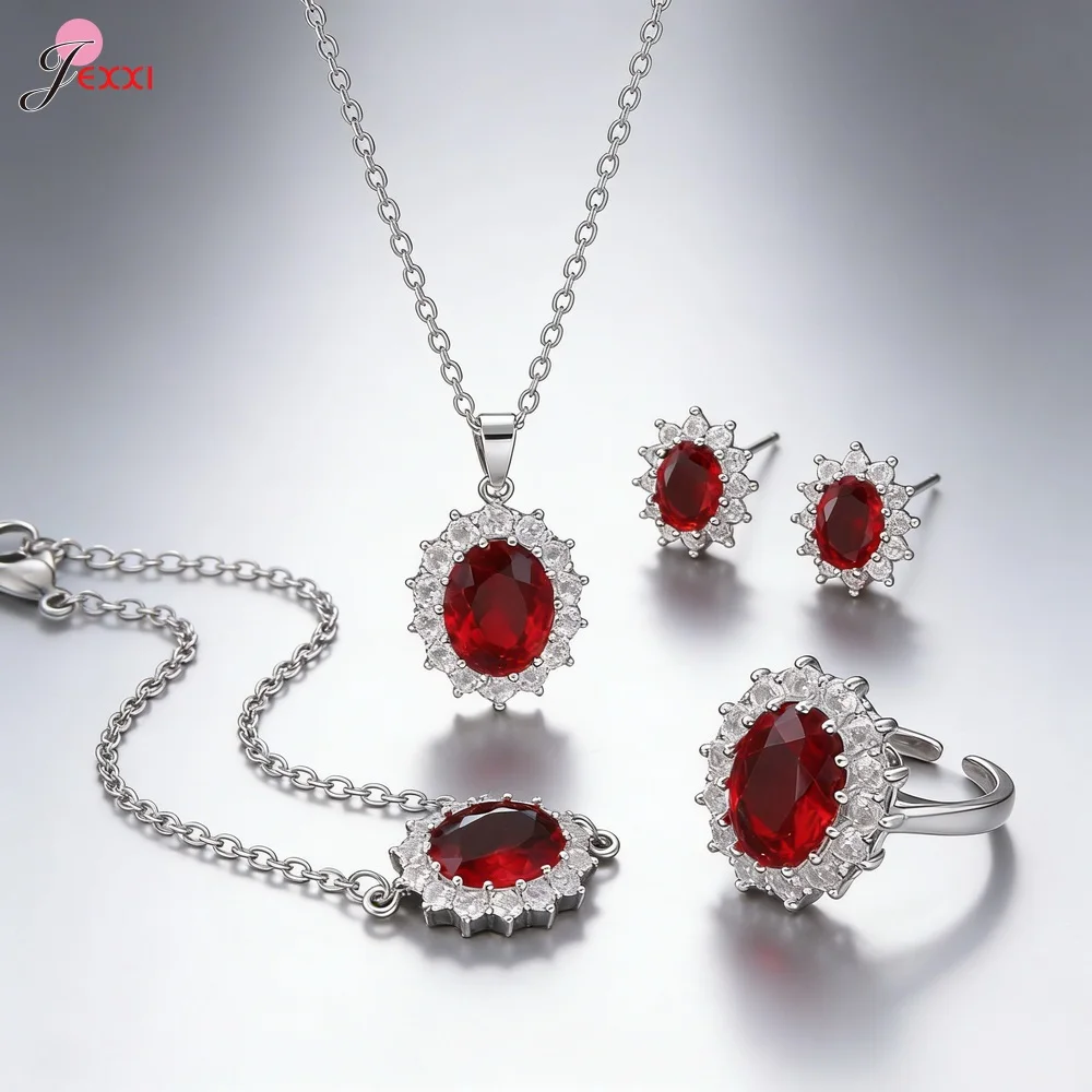 

Роскошный ювелирный набор из 4 предметов для женщин: колье, серьги, браслет и кольцо с овальными цирконами красного, синего, фиолетового и зеленого цветов, серебро 925 пробы, модный подарок