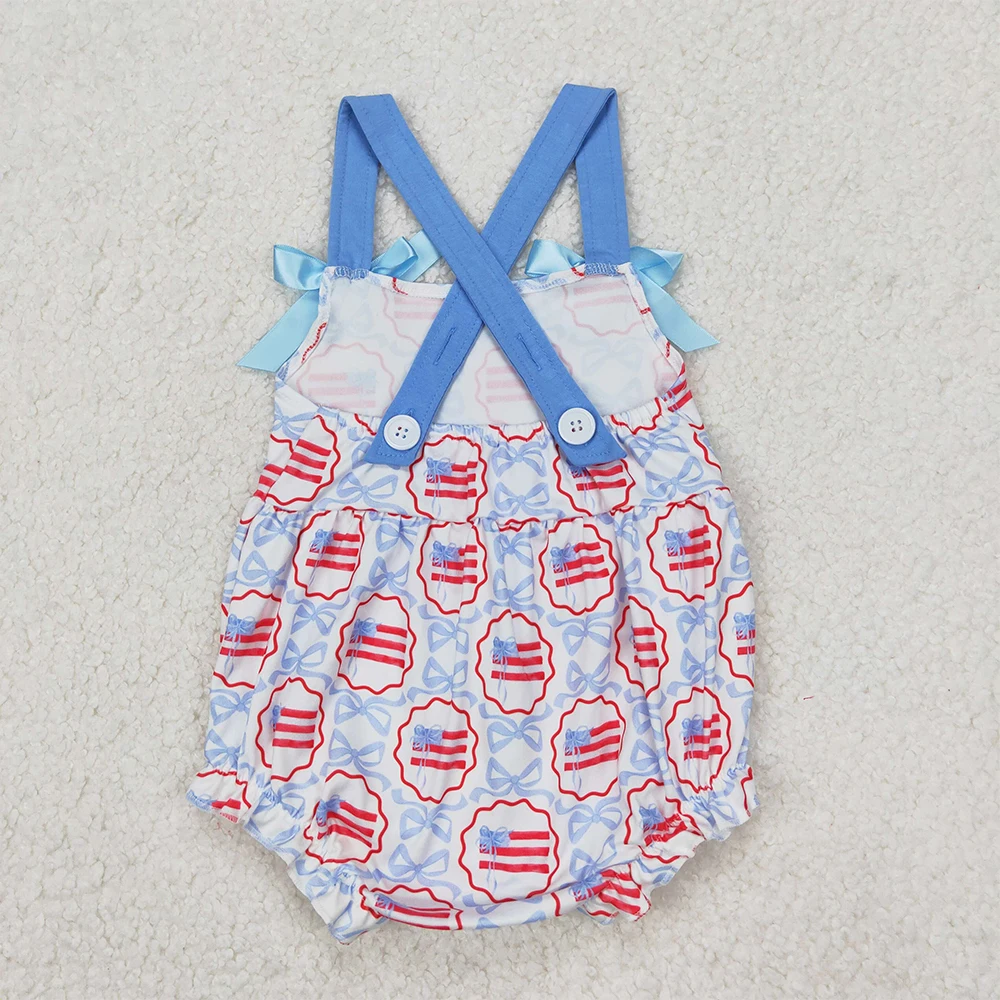 SR2691 เด็กทารกหญิง 4 กรกฎาคม Blue Bows Flag Straps Rompers