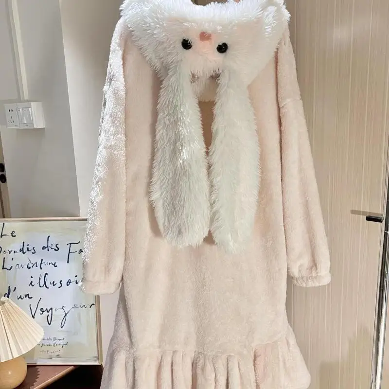 

Kawaii зимний халат с капюшоном для девочек, ночная рубашка из кораллового флиса, мягкая милая домашняя одежда, халат, женская теплая одежда для сна, пижамы с героями мультфильмов