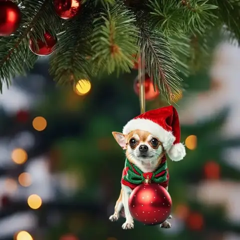 2D Chihuahua Christmas ornament for car mirrors, home decor, and keychains. A perfect holiday gift.