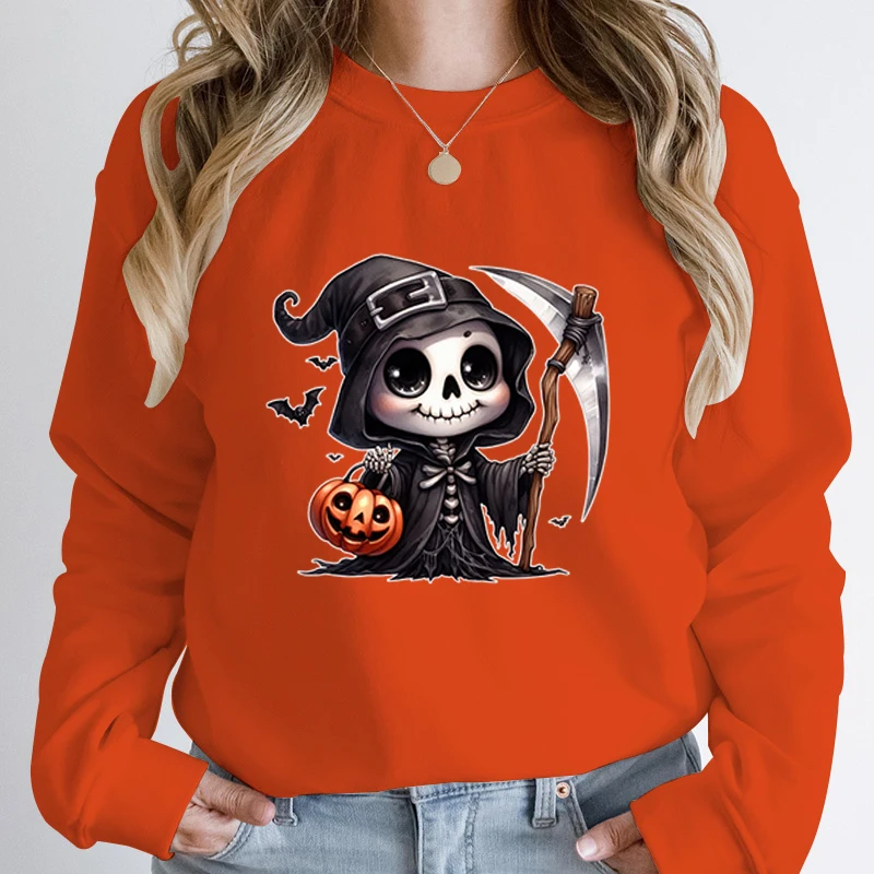 

Funny Halloween Skeleton Pumpkin Print Pullovers For Women Round Neck Pullovers Fashion Creative Solid Color Hoodless Sweatshirt