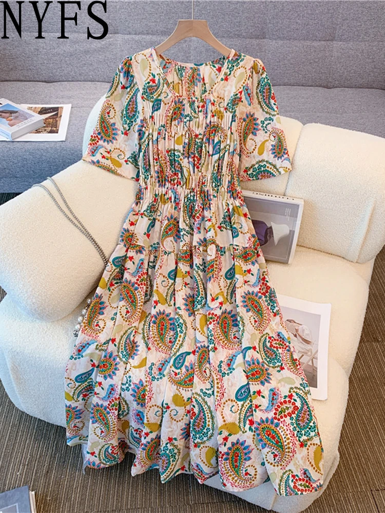 NYFS حجم كبير فستان نسائي صيف 2025 فضفاض مرونة الخصر قصيرة الأكمام بوهيميا فساتين طويلة رداء Elbise النمط الكوري #1