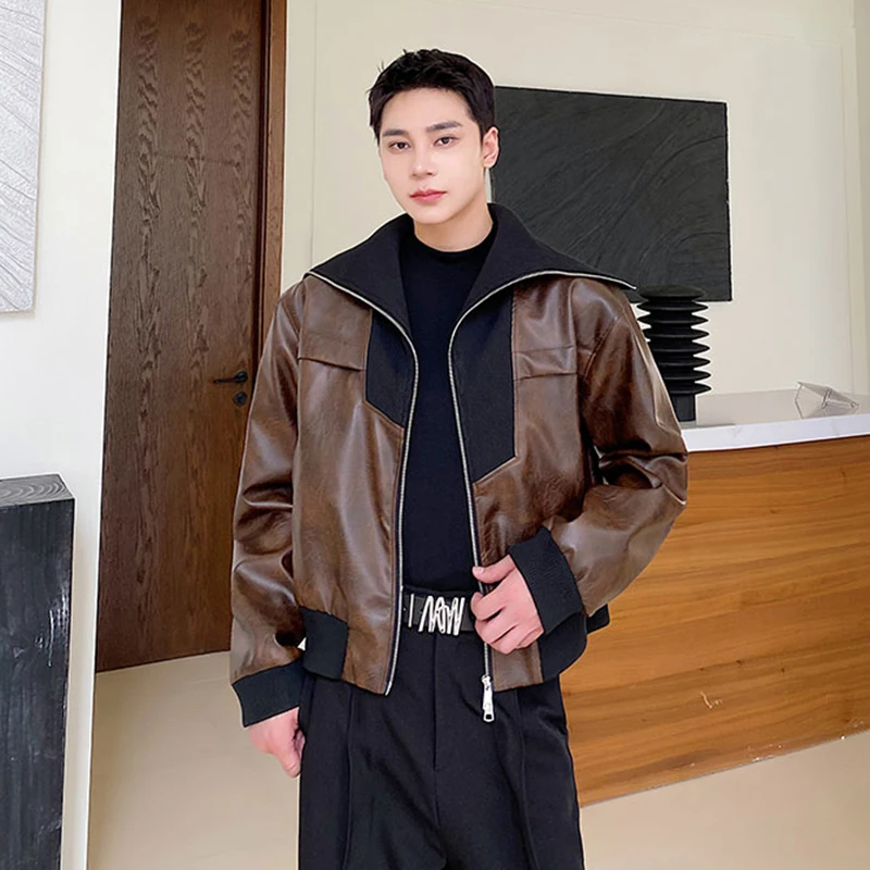 

Men's Clothing PU Leather Jacket Trend Personality Ribbed Stand Collar Patchwork Male Short Jackets Zipper 2024 Autumn