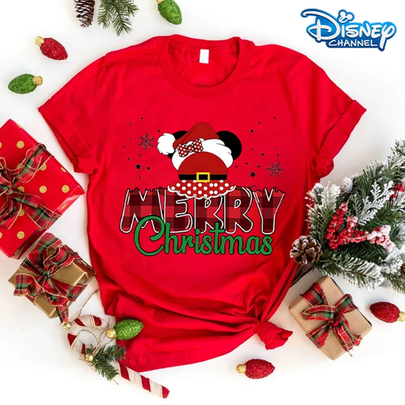 Disney Mickey Minnie Mouse Adult T-shirt Christmas Short Sleeve Shirts Fashion Cotton Xmas Round Neck Clothes Cute Shirts Gifts