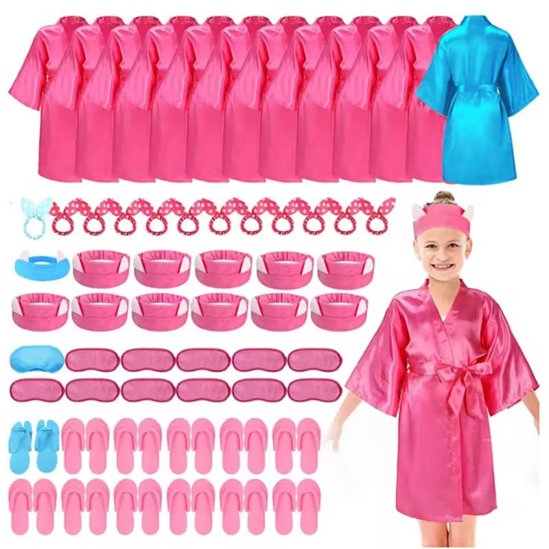 

6/12Sets Spa Party for Girls EVA Disposable Slippers Kimono Robe Spa Headband Bow Hair Band Kids Salon Barbie Pink Party Favors