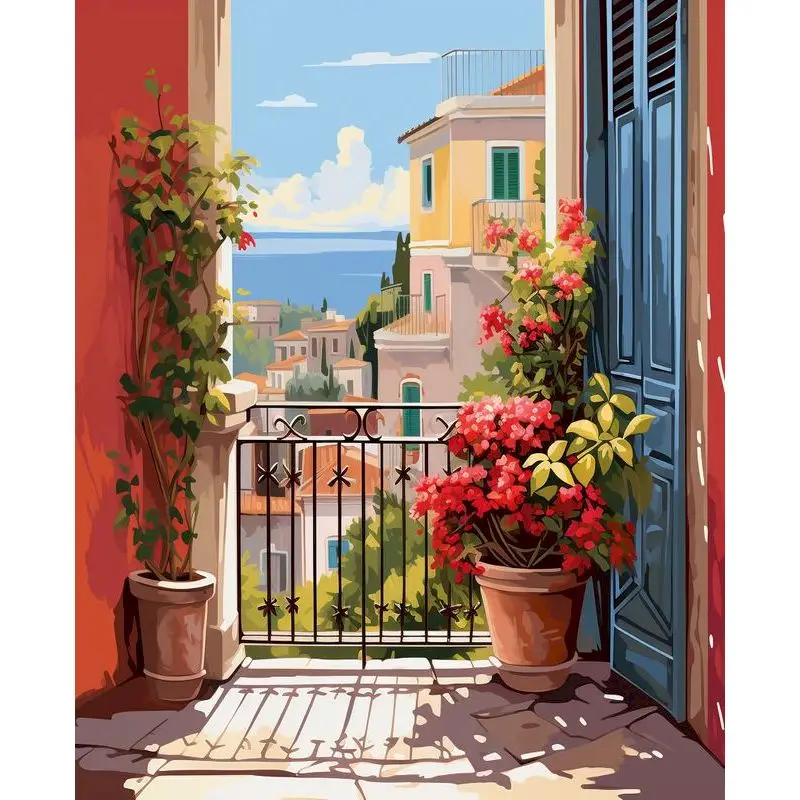 

GATYZTORY Painting By Numbers With Frame Handiwork Balcony Landscape Coloring By Numbers For Adults On Canvas Wall Art Paint Kit