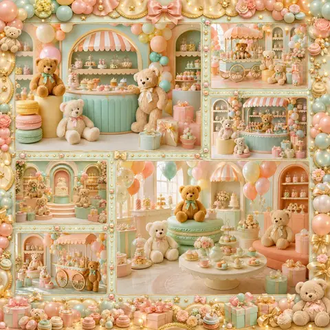 Fondo de Fotografía con Osito de Peluche Pastel para Cumpleaños, Tienda de Dulces, Macaron, Baby Shower, Primer Cumpleaños, Cake Smash