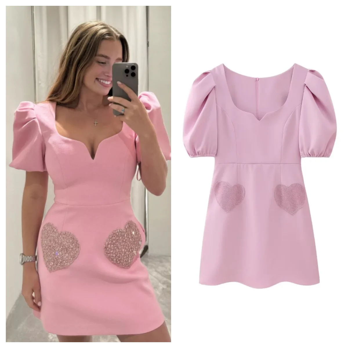 PB&ZA 2024 Spring New Women\'s Fashion and Versatile V-neck Pink Bubble Sleeves Sequin Short Dress