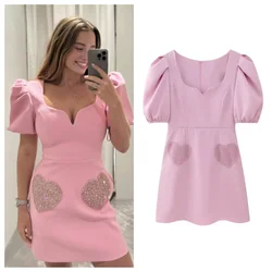 PB&ZA 2024 Spring New Women's Fashion and Versatile V-neck Pink Bubble Sleeves Sequin Short Dress