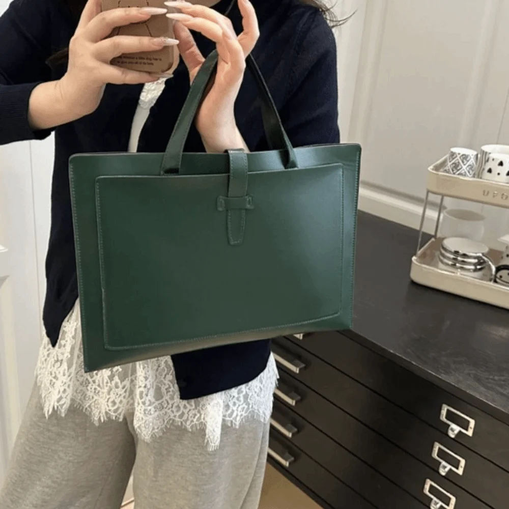 Bolso de mano con archivo de Color sólido a la moda, maletín de negocios para oficina, bolso informal de cuero PU para ordenador portátil, viaje