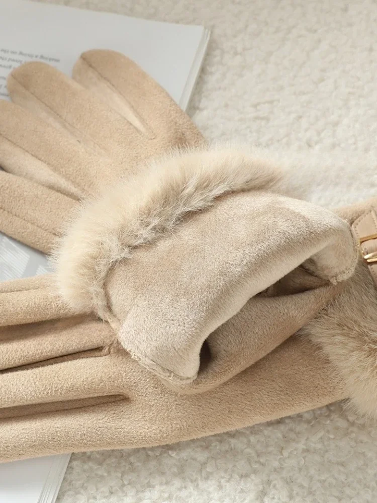 Winter New Double Layered Velvet Riding Gloves for Women Fashion Elegant Touch Screen Gloves Women Thickening Warm Suede Gloves