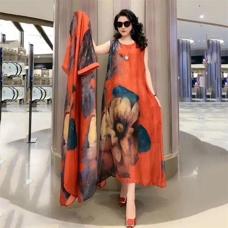 Middle Aged Mother Dress Suit Summer Casual Fashion Printing Two Piece Suits Long Dress Suits Women Temperament Dress Sets 729