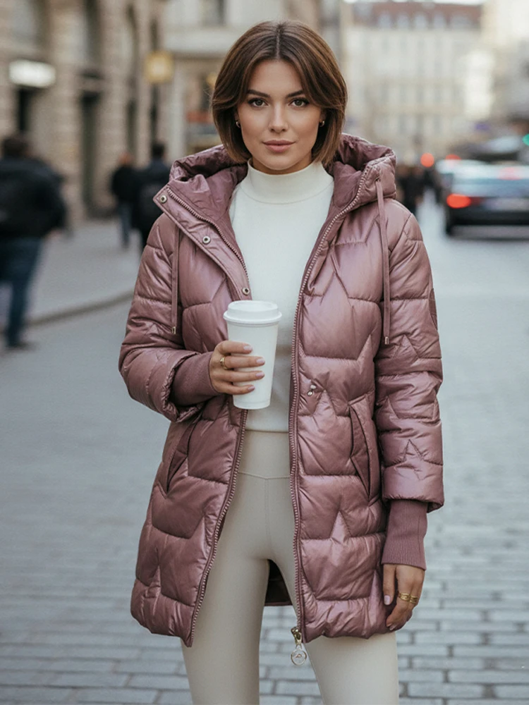 Chic Hooded Cotton Jacket Lady Fashion Stand Collar Long-sleeved Zipper Slim Outerwear Women Winter Daily Commute Coat 2025 New