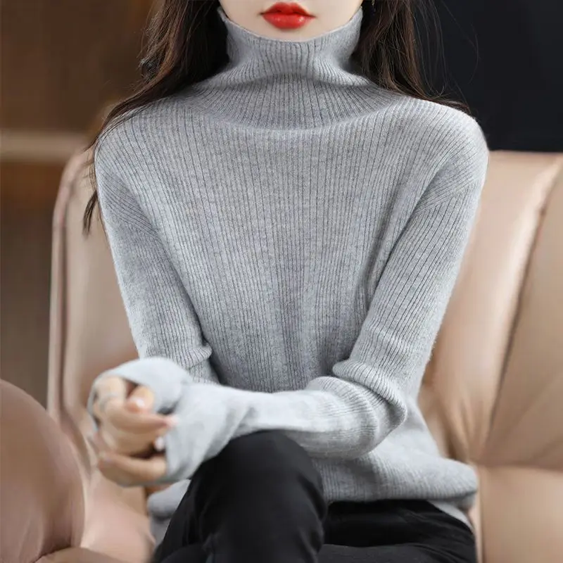 Stacked Collar Knitted for Women's Autumn Winter New Thickened Stripped Knitwear with Loose Slim High Neck Sweater Underlay