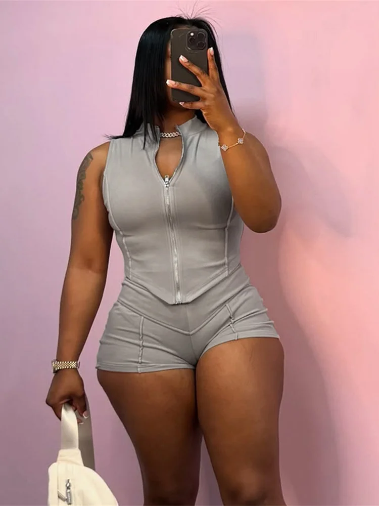 

Nibber Lines Patchwork 2 Piece Set Women Sporty Zipper Cardigan Irregular Crop Top+Skinny Peach Hip Shorts Simple Streetweas