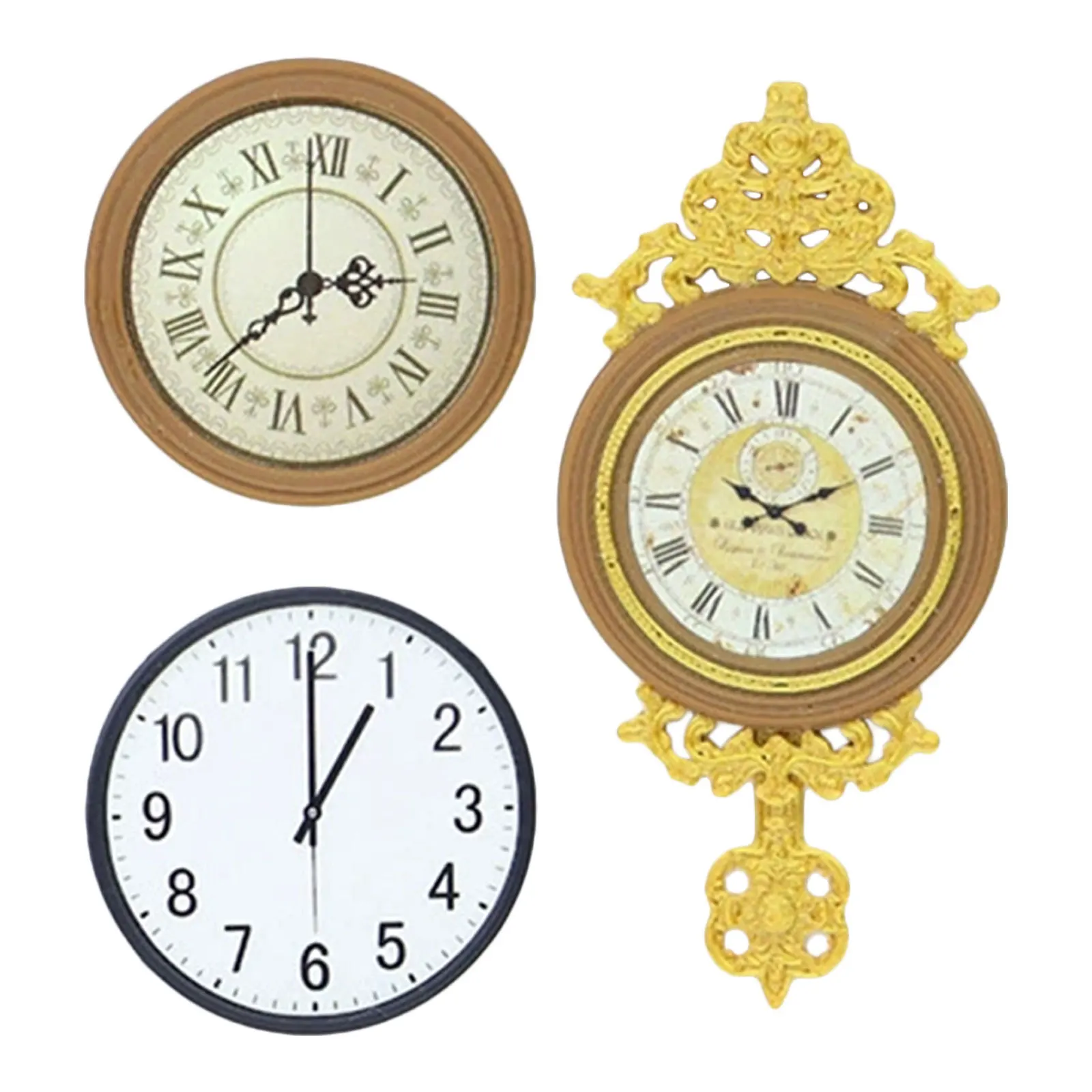 

3Pcs Vintage Decorative Wall Clock Miniature European Style Hanging Clock Living Room Dollhouse Accessories Realistic Pendulum