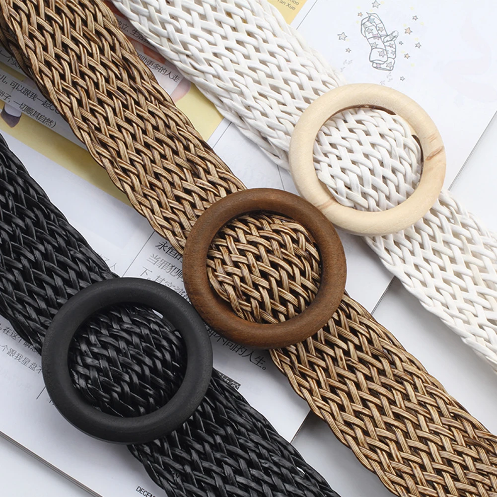 Summer Women Braided Belts Elastic Belt Buckle Vintage Bohe Straw Buckle Belt Women Knitted Belt Dress Belt Fake Straw Waistband