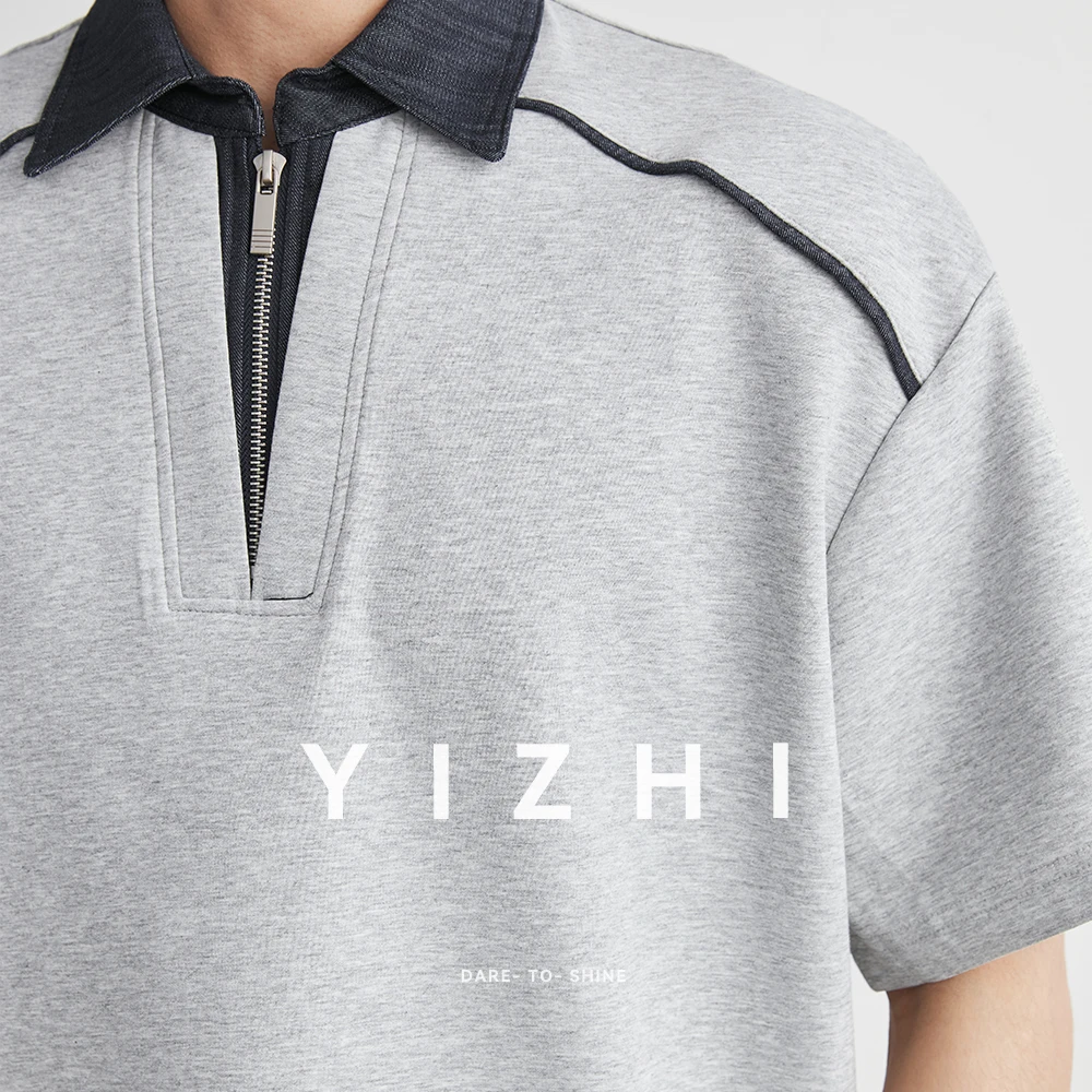 Men's Contrast Denim Lapel Spliced Fake Two-Piece Polo Shirt 2026 Summer Half Zip Loose Soft