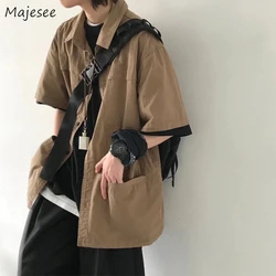 Shirts Men Brown Solid Japanese Fashion Cargo All-match High Street Retro Teens Male Clothes Harajuku Students Gentle Handsome