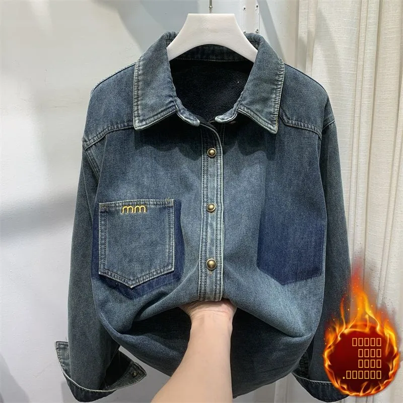 

Thiened Fce Retro Denim irt Women's Loose Long Sve irt Jaet Winter New Sle Small Size Cotton Polyester Blend