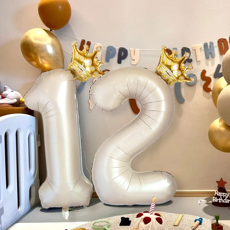 2pcs 40inch Cream Beige Number Foil Balloons With Gold Crown 0-9 Figures Balloon Toys For Kids 1st Birthday Party Decor Globos