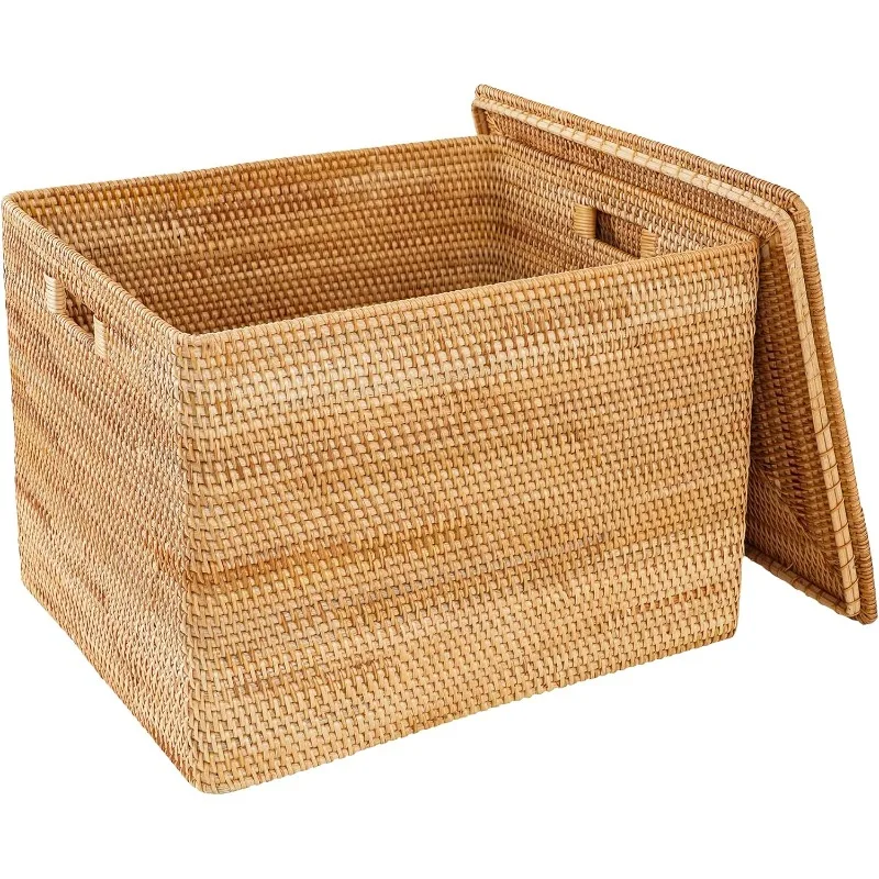 

Rattan Basket with Lid,large Rattan Box Storage Basket with Lid Suitable for Bathroom,bedroom Kitchen To Store Various Sundries