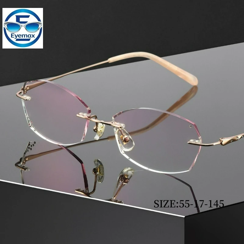 

Women Rimless Diamond Cut Eyeglasses Ultra Light Titanium Frame Anti Blue Light Myopia Glasses Elegant Business Reading Eyewear