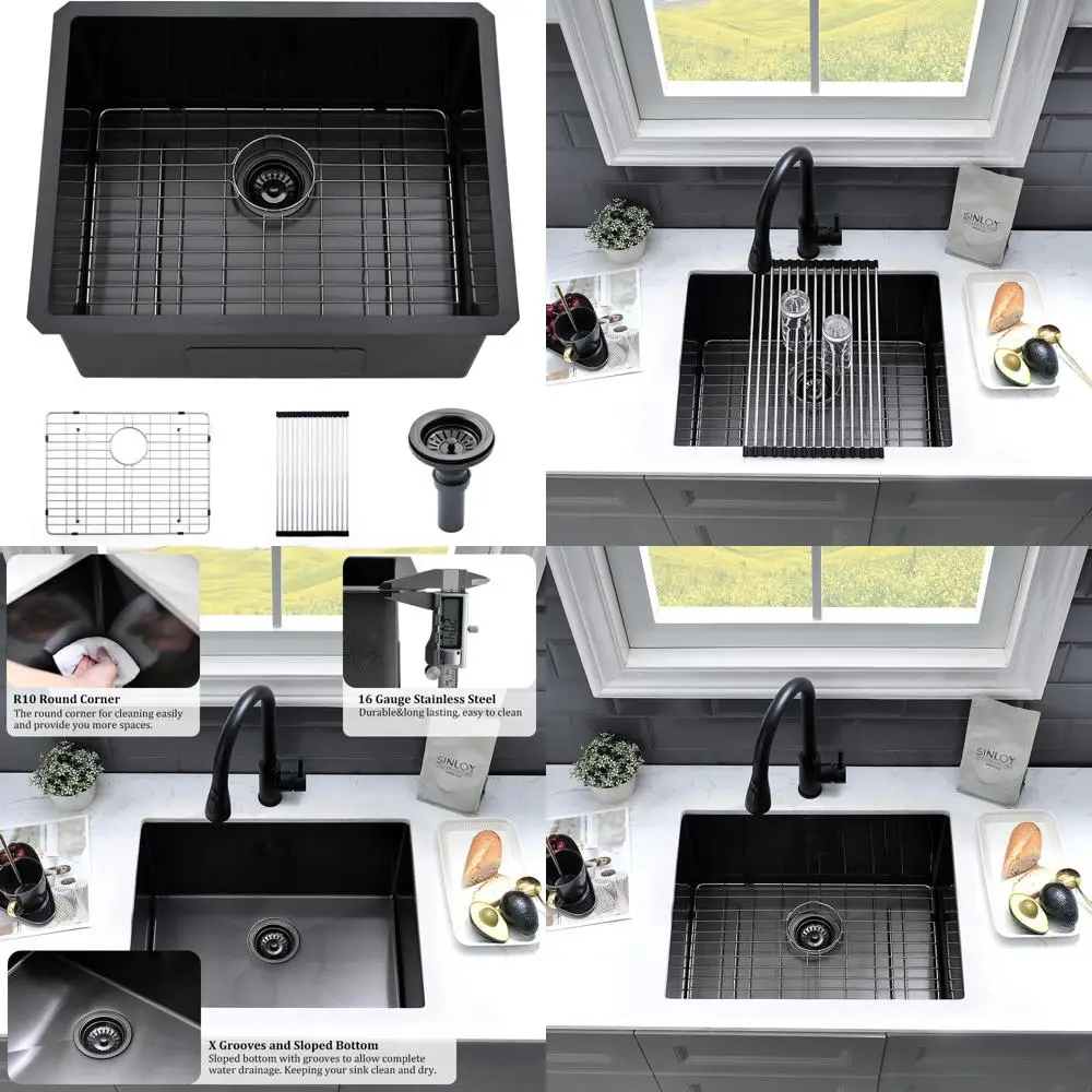 

Black Stainless Steel Undermount Laundry Sink - 24 x 19 x 13, 16 Gauge Single Bowl Deep Kitchen Sink with Bottom Grid