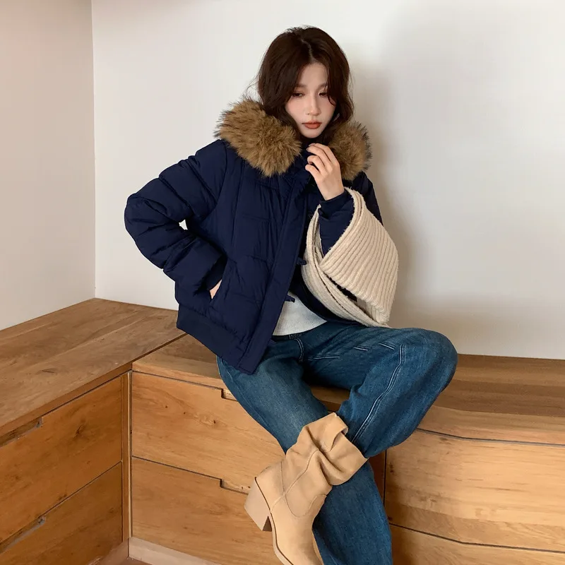 Women Parkas Coat Short Solid Jacket Big Fur Collar Hooded Zipper Pocket Long Sleeves Thick Loose Office Lady Casual 2025 Winter